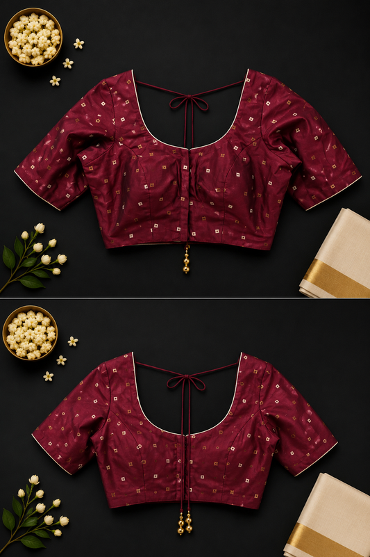 Maroon jacquard saree blouse with gold butti print and back tie-up