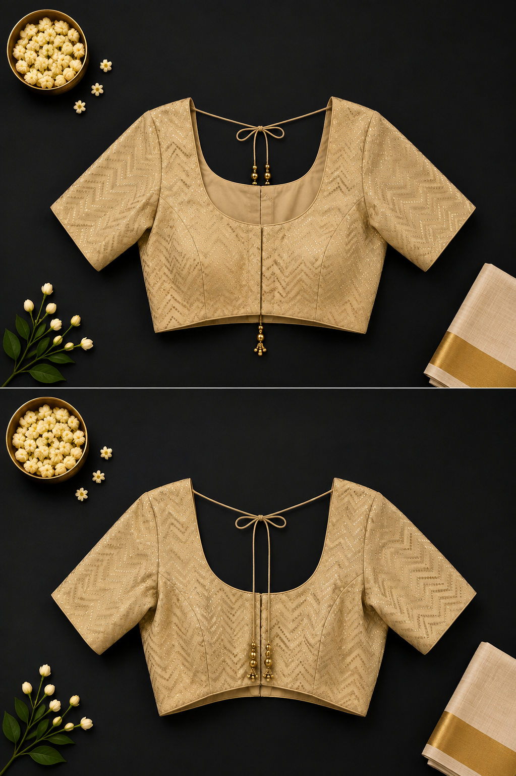 Gold chevron jacquard saree blouse with back tie-up and gold bead tassels