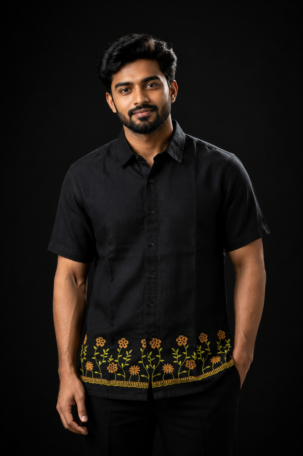 Kerala Floral Embroidered Shirt in Black with golden embroidery