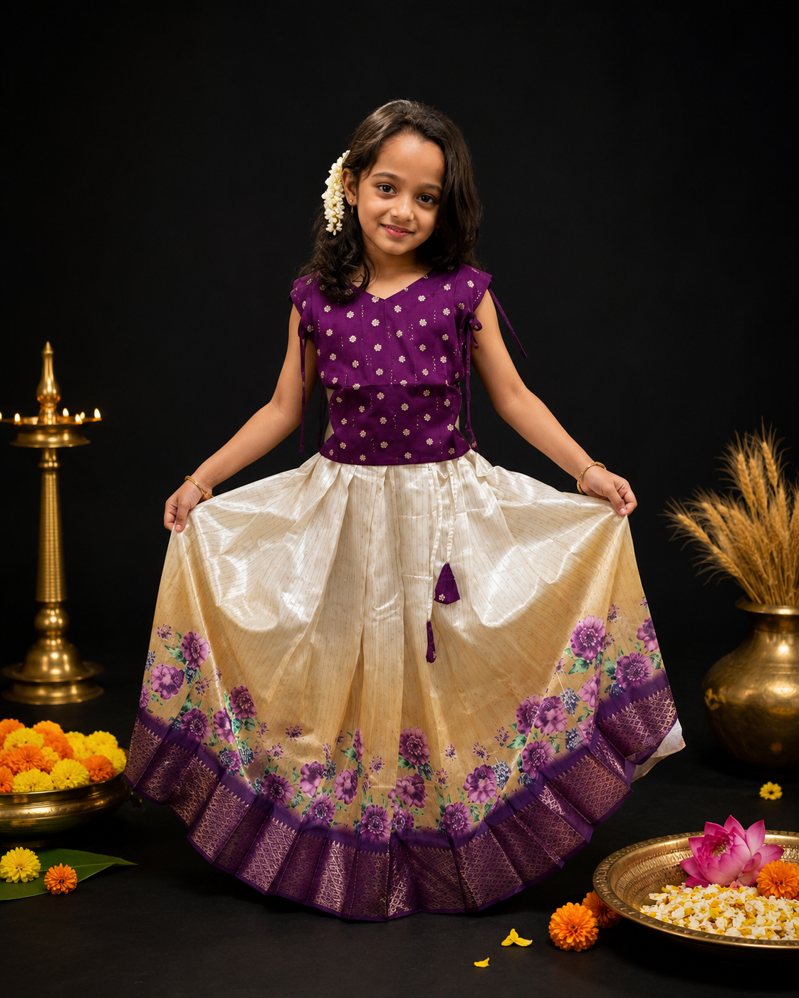 Girls Purple and Gold Floral Pattupavada Set