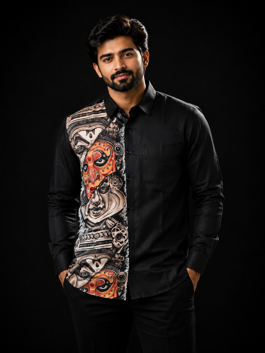 Man wearing a black full-sleeve shirt with a dramatic close-up Theyyam and Kathakali deity art panel on the left in monochrome and orange tones